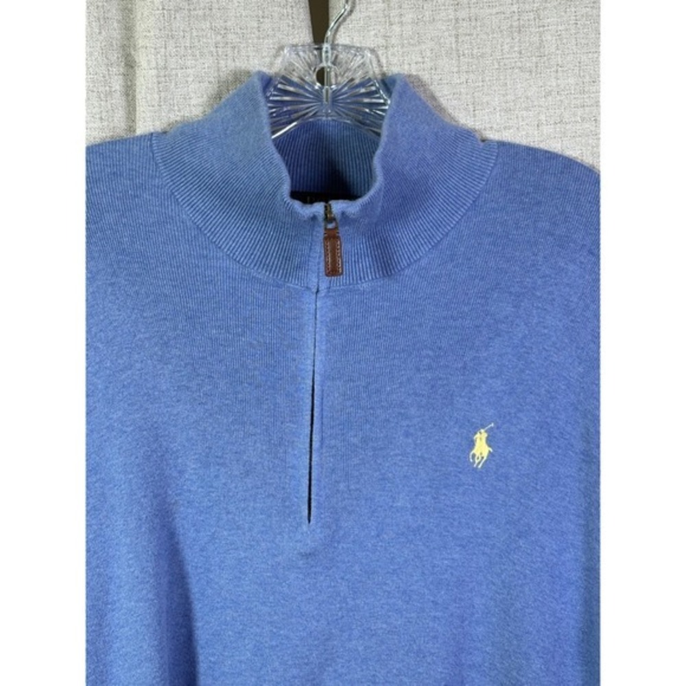 Polo Ralph Lauren Mens Pima Cotton Quarter Zip Sweater Blue L Yellow Pony